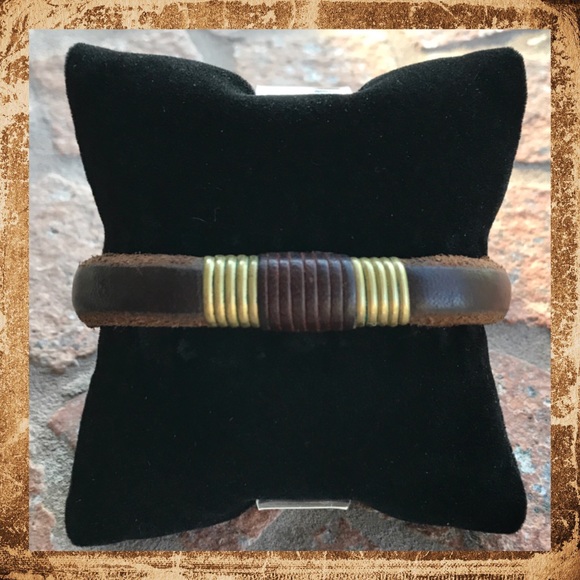 Genuine brown leather band copper wire bracelet - Picture 2 of 7